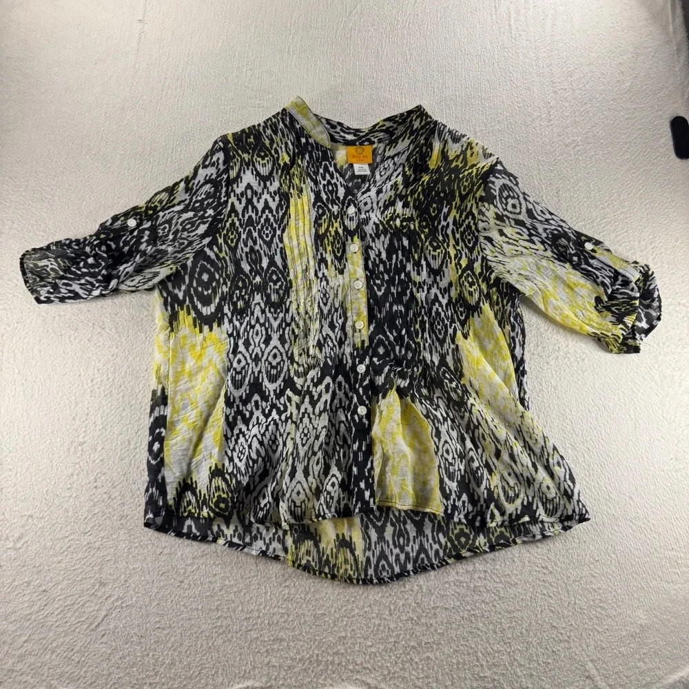 Ruby Rd Petite Button Up Top Womens PXL Black Yellow Ikat Print Exc Short Slv
